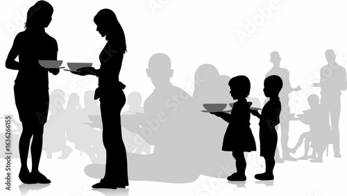 Silhouette illustration of people in line holding bowls in a monochrome setting with a white background