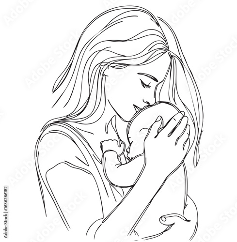 mother hugs her baby. Hand drawn style vector design illustrations sketch