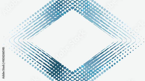 Abstract diamond shape composed of blue dots and lines with a white background and central empty space