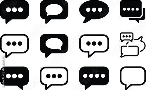 A collection of twelve speech bubble icons in black and white colors