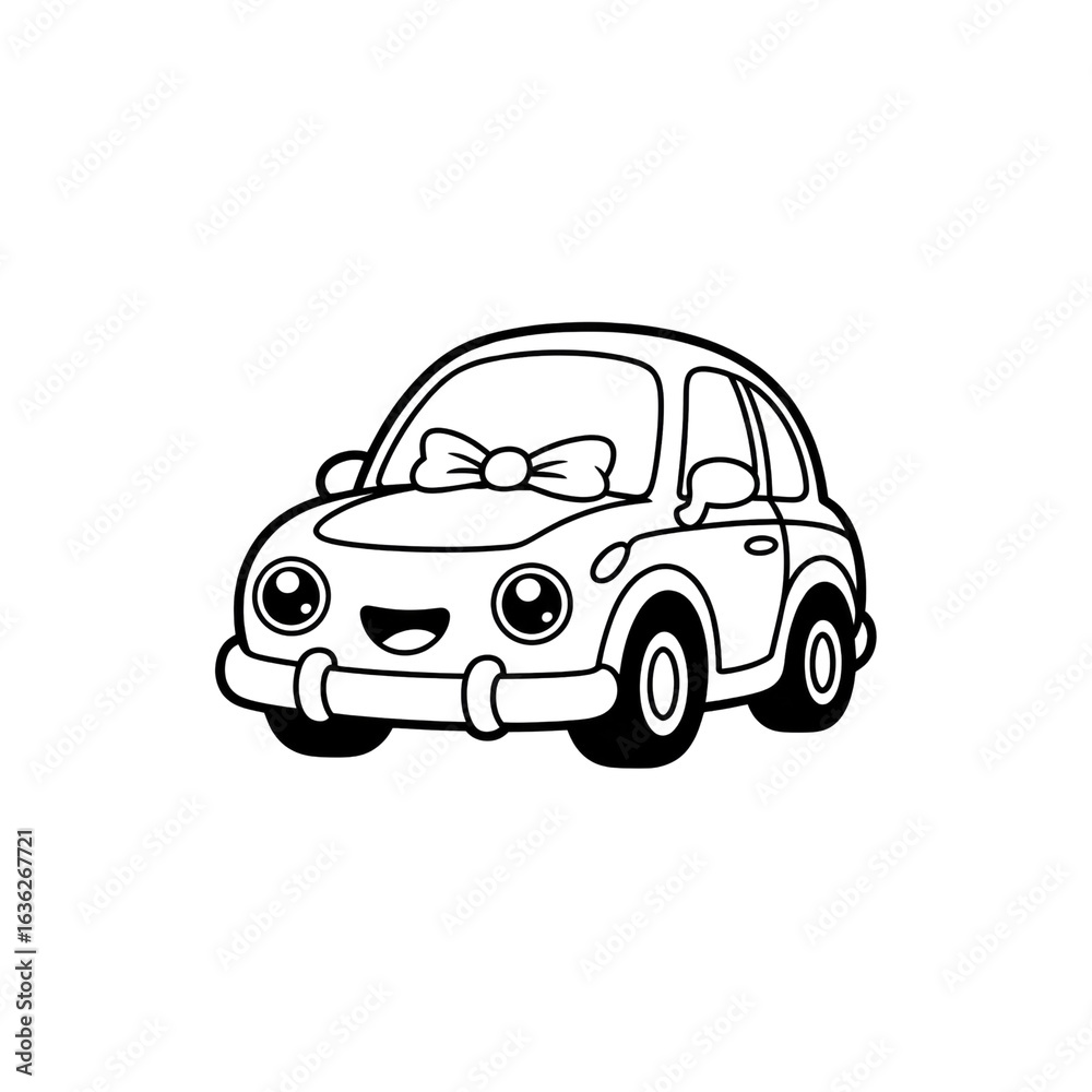 Fototapeta premium Cute Cartoon Car with Bow - Simple Line Art Illustration