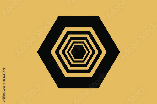 A geometric illustration of nested black hexagons on a tan background creating an optical illusion effect