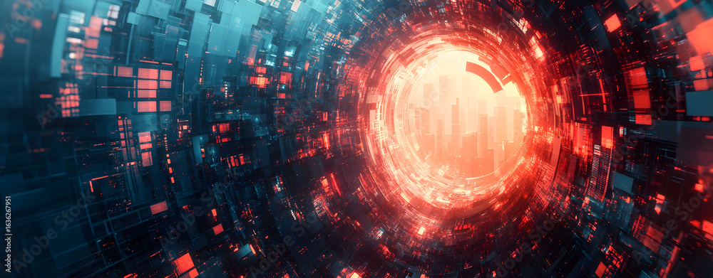 Obraz premium Abstract visualization of a futuristic sci-fi energy core, a glowing red portal inside a complex high-tech tunnel structure.