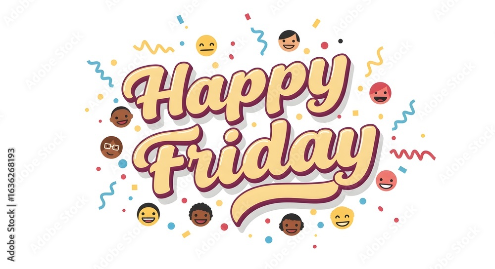 Obraz premium Happy Friday text with confetti and diverse smiling faces