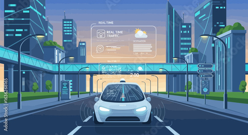Autonomous Driving Vehicle on Futuristic Cityscape Smart Transportation Concept