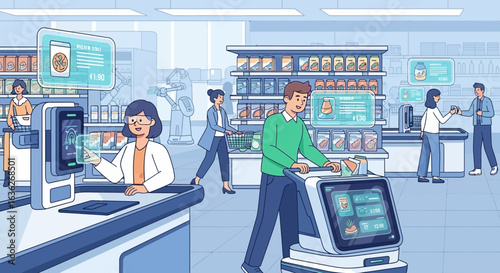 Customers Shopping at Smart Supermarket with Advanced Technology Features
