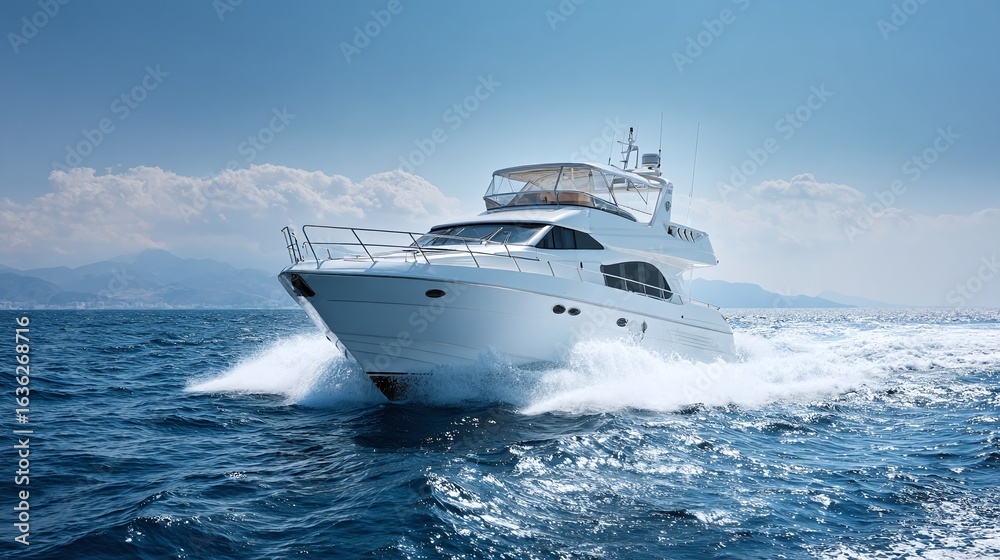 Naklejka premium Luxury yacht cruising on the azure sea, a symbol of freedom and opulence against a clear blue sky with a hint of distant mountains.