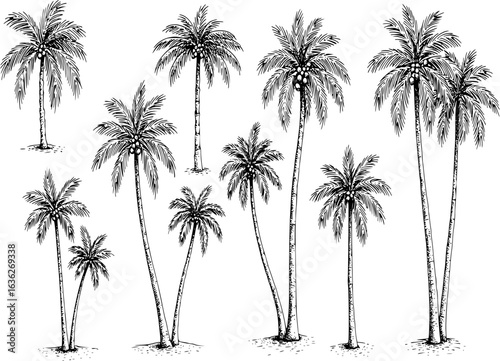 Sketch tropical palm trees. Hand drawn vintage Hawaii beach palms, engraved exotic nature botanical illustration set