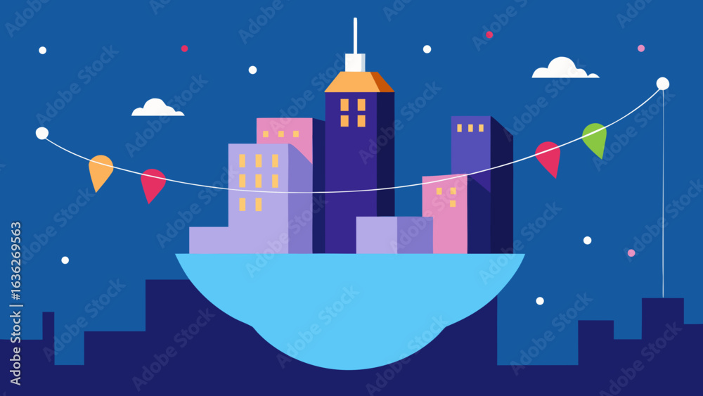 Naklejka premium floating city with birthday lights strung between buildings