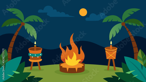 Tropical Jungle Birthday Campfire Scene with Tiki Torches