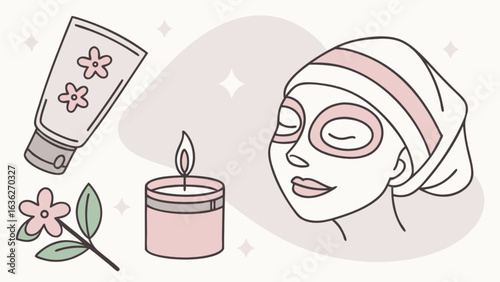 Spa day at home skincare routine with facial mask candle flower and cream for relaxation and wellness