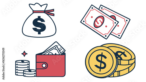 Money and finance vector illustration with cash, coins, wallet and money bag for business and investment 100