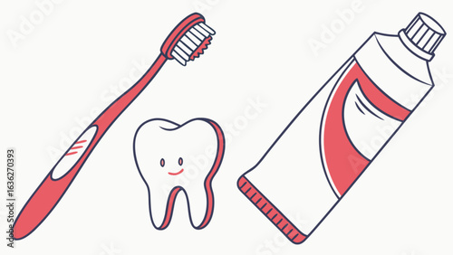 Dental care essentials toothbrush toothpaste and happy tooth for healthy smile and oral hygiene routine
