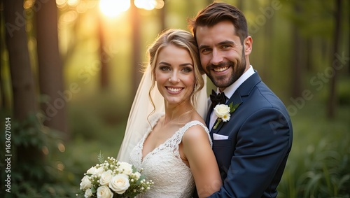 A smiling couple stands close together outdoors on their wedding day.