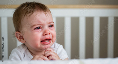 Baby crying while sitting in crib with teary eyes  