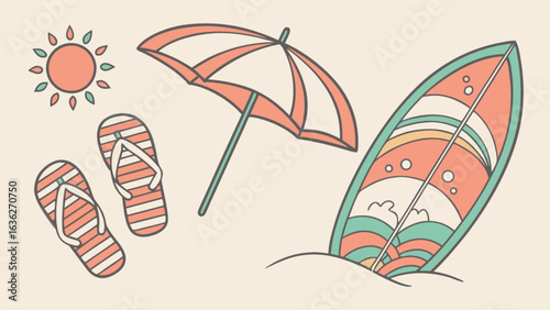 Summer beach vacation essentials vector illustration with surfboard, umbrella and flip flops for travel  planning