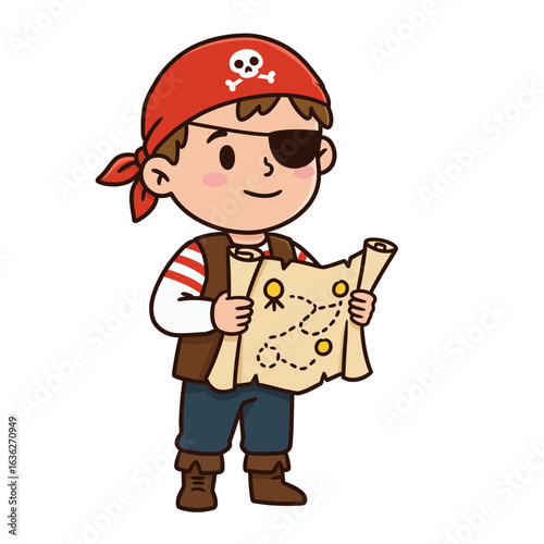 Cute Cartoon Pirate Boy Holding Treasure Map.