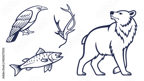 Discover wildlife vector art featuring bear raven fish and deer antlers perfect for nature themed designs