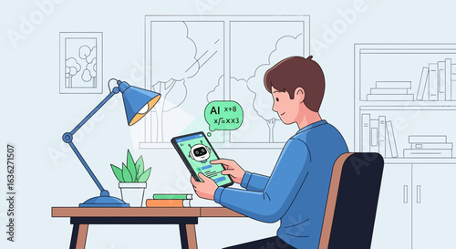 Young Man Interacting With Ai On A Tablet For Learning and Studying