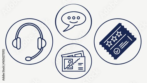 Customer service support ticket event planning travel agency communication vector icons set for business needs