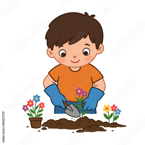 Young Boy Planting Flowers in Garden.