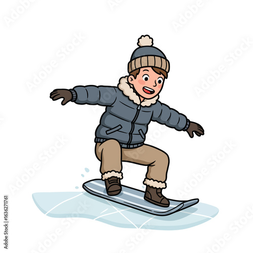 Young Boy Snowboarding Down a Snowy Hill.
