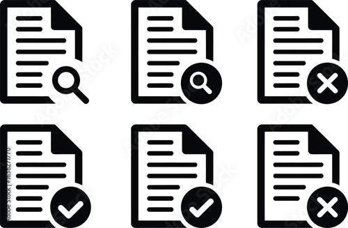 Six black and white document icons with different status indicators shown