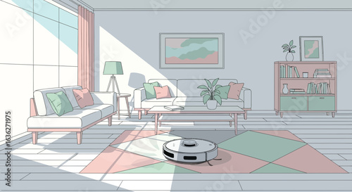 Robot Vacuum Cleaning Living Room in a Modern Pastel Interior Design