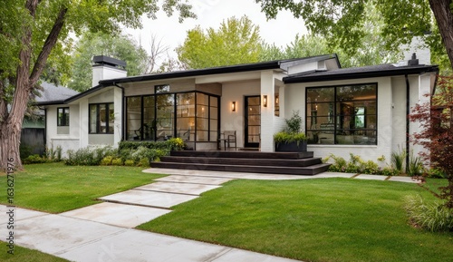 Modern white house, renovated, tree-lined street, suburban landscape, real estate listing