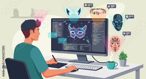 Digital Artist Designing Unique Masked Characters On His Computer Software