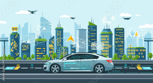 Autonomous Electric Car in Cityscape with Drone Surveillance and Data Network