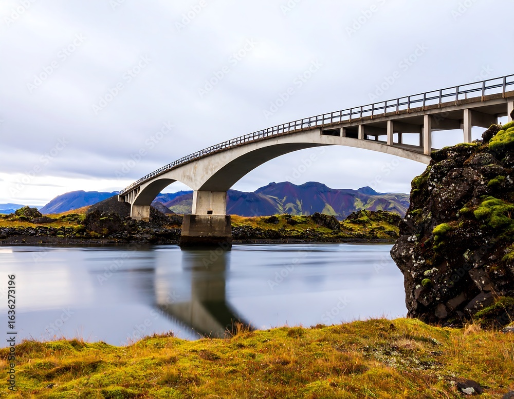 Fototapeta premium Concrete arch bridge over a calm river in a scenic landscape