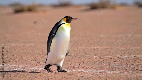 Emperor penguin on sandy terrain