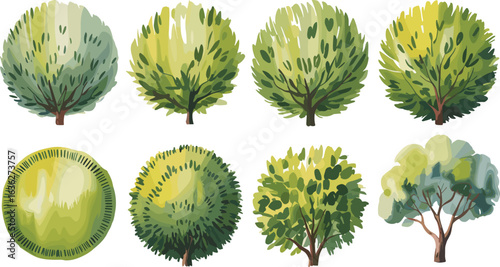 Eight tree illustrations, stylized foliage, diverse canopy shapes, botanical artwork, forest elements, nature design, green plants, eco-friendly graphics, landscape decor