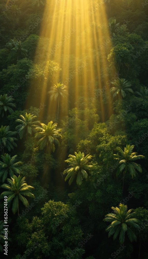 Obraz premium Golden sun rays shine down through green palm trees in rich jungle. Bright light illuminates tropical forest. Aerial view of nature, environment, growth, scenic paradise and exotic landscape.