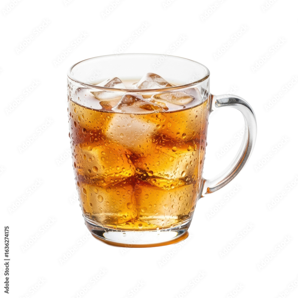 A gleaming crystal glass mug filled with golden amber iced tea, clear ice cubes, and condensation, against a pristine transparent seamless studio background with shadowless lighting, A gleaming crystal glass mug filled with golden amber iced tea, clear ice cubes, and condensation, against a pristine transparent seamless studio background with shadowless lighting,