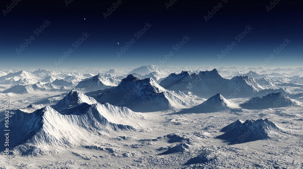 Obraz premium Serene snow-covered mountains under a vast, dark blue sky illuminated by distant celestial lights, evokes peace and untouched nature.