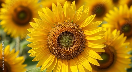 A vibrant yellow sunflower in full bloom, captured in a detailed close-up shot against a softly blurred field of sunflowers in the warm summer sun.