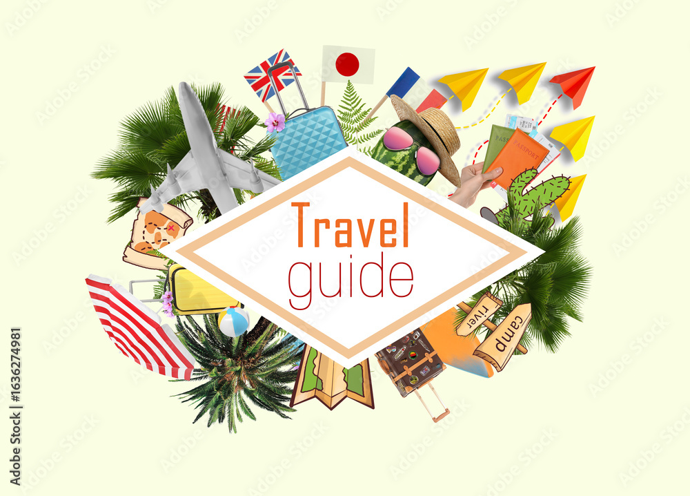 Travel guide. Man walking towards circles with desired destinations against cityscape, creative collage Travel guide. Man walking towards circles with desired destinations against cityscape, creative collage