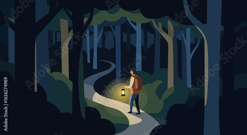 A Solitary Figure Navigates a Dark Forest Path with a Lantern
