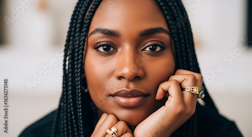 Beautiful woman with braids and gold rings posing elegantly.