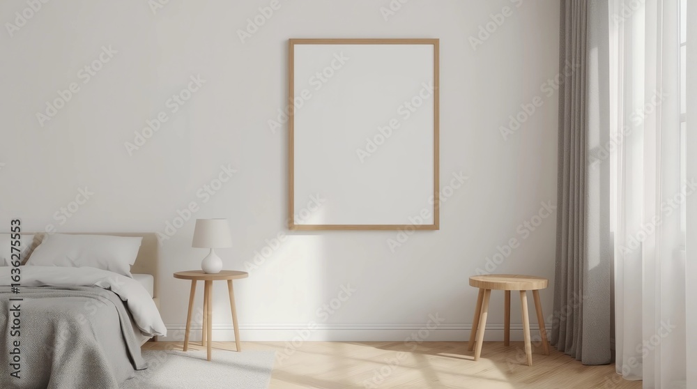 Fototapeta premium Horizontal blank poster frame mock up on the white wall in interior of modern bedroom