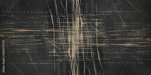 Abstract texture of grunge brush strokes with rough black scratches and parchment-like appearance with a beige or light brown tone, marked by scratches, splatters, and faint lines vector background.