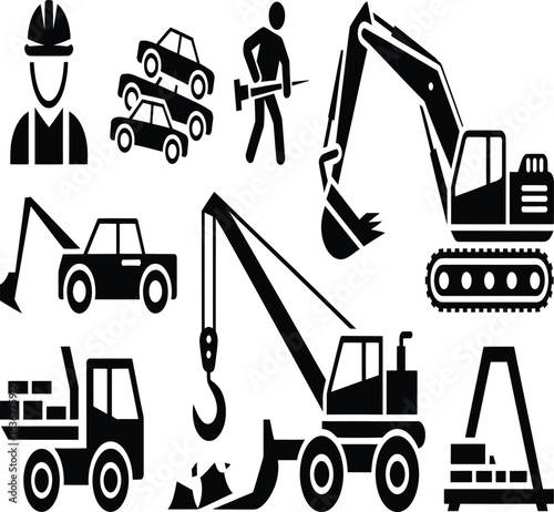 Construction equipment and worker icons for building industry projects and urban development
