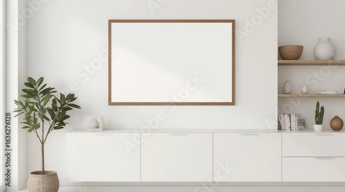 Horizontal blank poster mock up on white wall in interior of contemporary living room