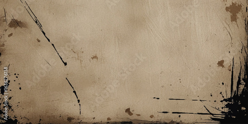 Abstract texture of grunge brush strokes with rough black scratches and parchment-like appearance with a beige or light brown tone, marked by scratches, splatters, and faint lines vector background.	