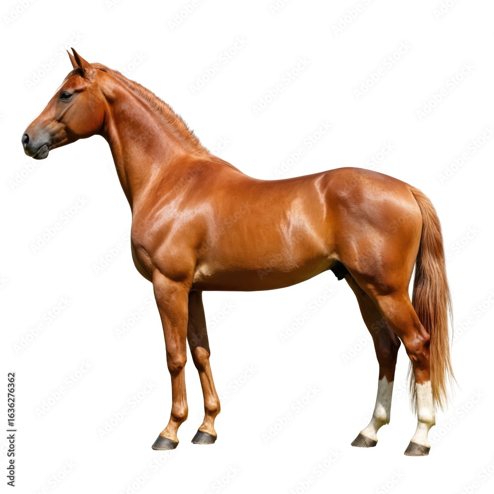 Obraz premium Majestic chestnut horse stands proudly in profile. This beautiful equine exhibits healthy musculature and a sleek coat, perfect for themes of nature, farming, and animal husbandry.
