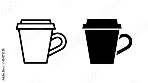 Simple Line Art Icons:  Outline and Solid Take Away Coffee Cups, Minimalist Design, Beverage Branding