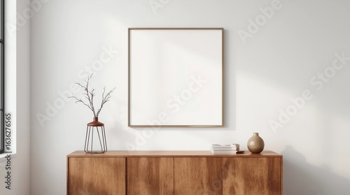 Square poster canvas mockup in modern living room with bureau. 3d rendering