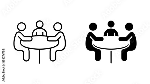 Simple Line and Solid Icon Set: Four People Meeting Around a Round Table; Collaboration, Teamwork, Discussion Concept; Professional Business Meeting Illustration.